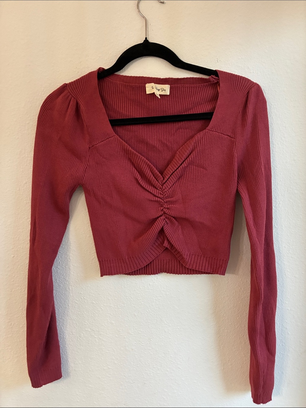The Vintage Shop Rosewood Ruched V-Neck Long Sleeve Crop Top